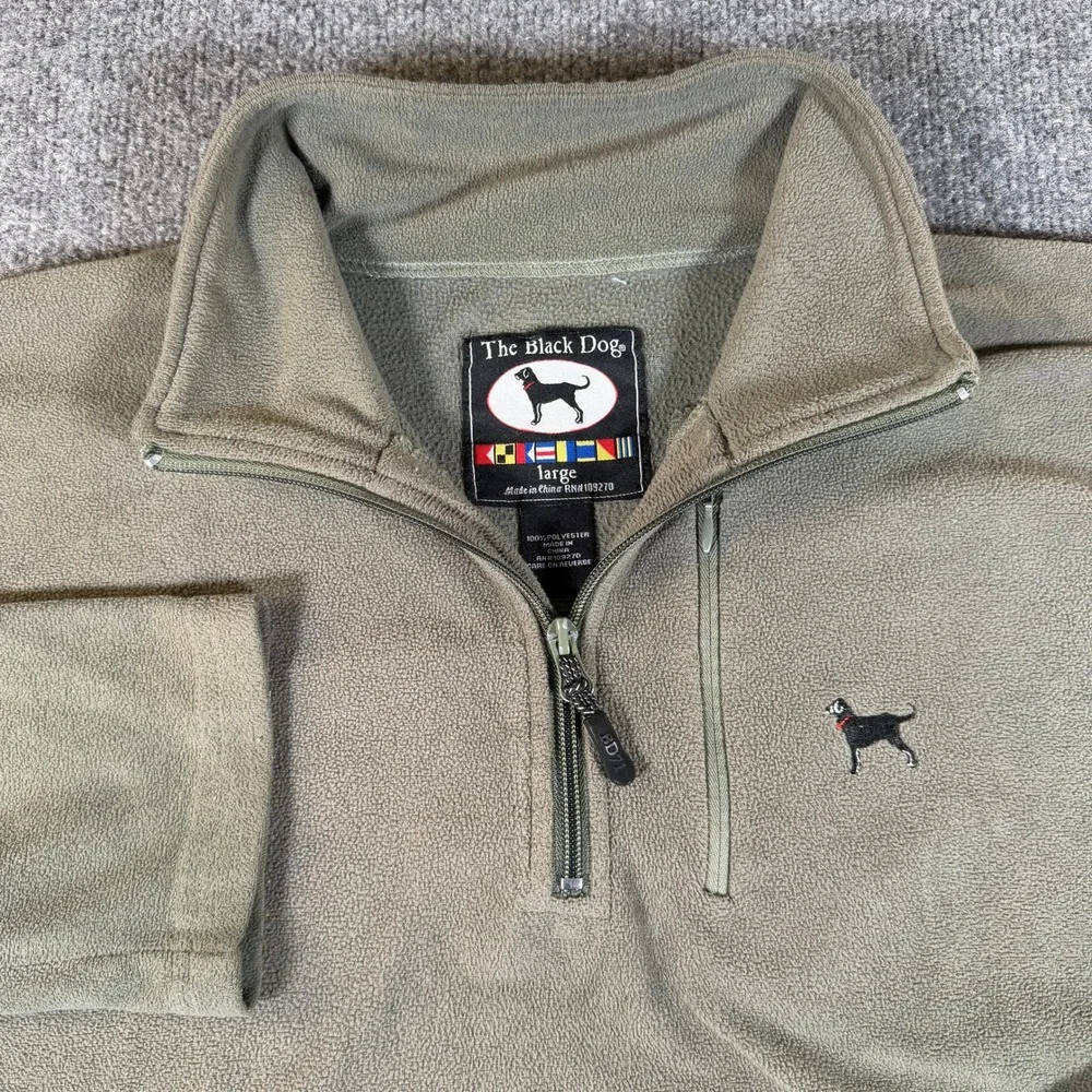 The Black Dog Mens Large Fleece Quarter Zip Pullover Olive Logo Sweater #3790